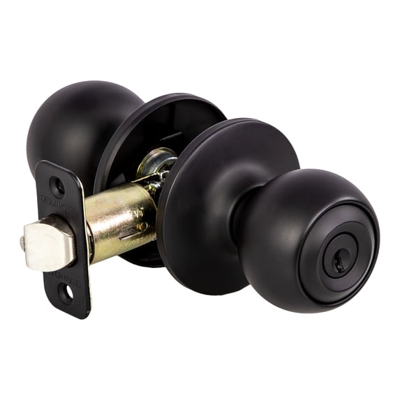 Matte Black Ball Keyed Entry Door Knob, Front and Back Door Lock with Anti-Bump 5-Pin Cylinder, Adjustable Backset