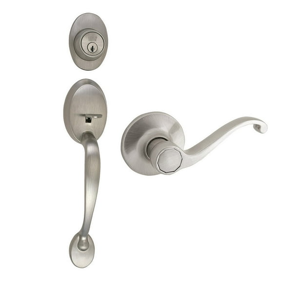 Design House Coventry Handle Set with Scroll Interior Lever and Single Cylinder Deadbolt, Satin Nickel
