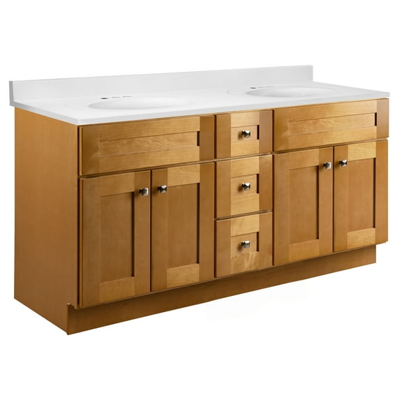 Design House Fully Assembled Brookings 61" x 22" Bath Cabinet with 4" Center Set Cultured Marble Vanity Top, Modern Birch/Solid White