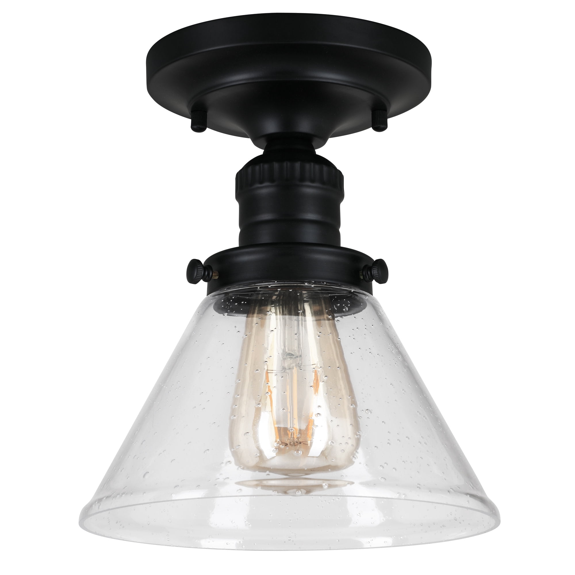 Corwin Ceiling Light, 1-Light Black Semi-Flush Fixture with Seeded Glass, Dimmable, 7.9 in L x 7.9 in W x 9.1 in H