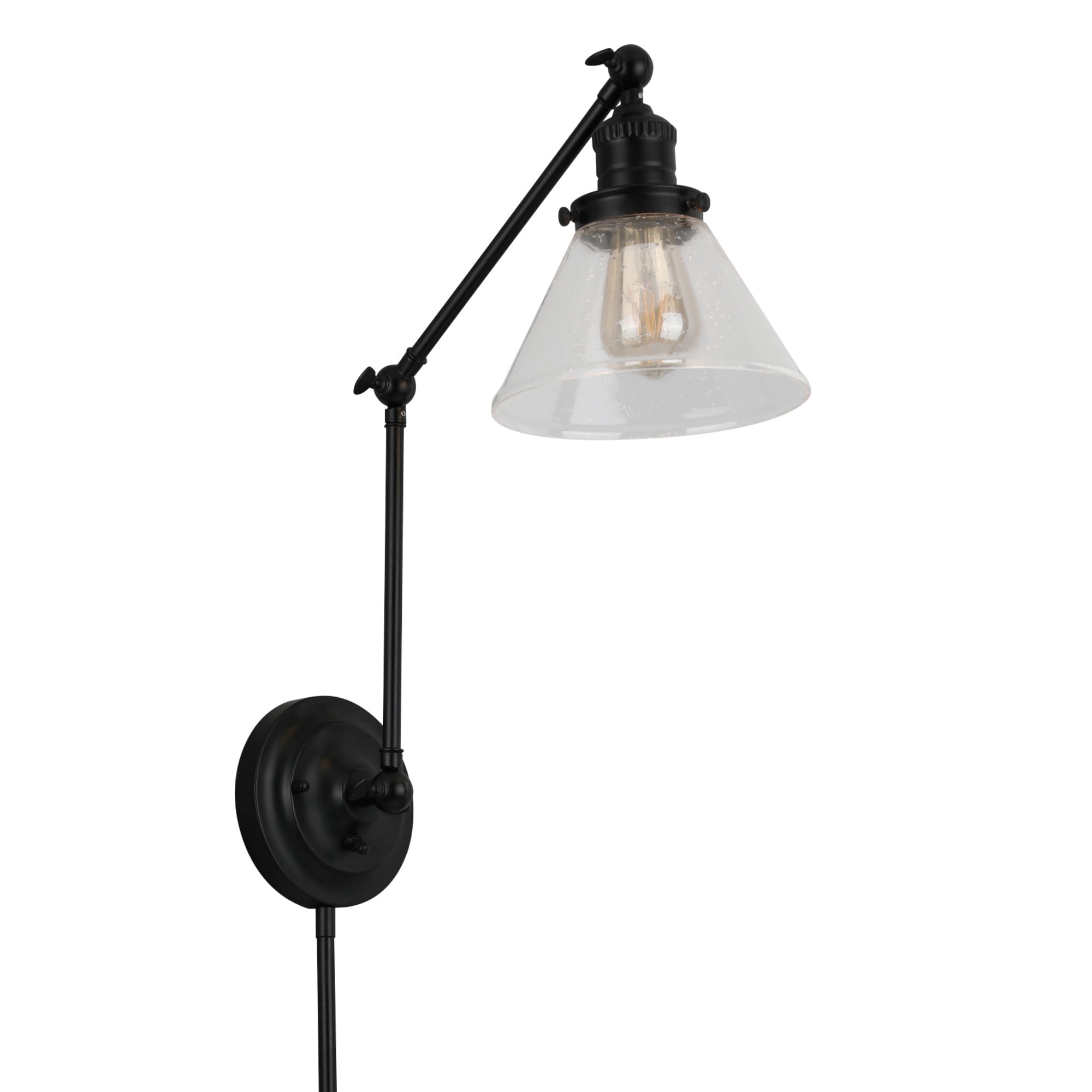 Corwin 1-Light Black Wall Sconce with 3-Point Adjustable Swing Arm, Seeded Glass, Hardwire or Plug-in, 7.9 in L x 17.3 in W x 38.6 in H