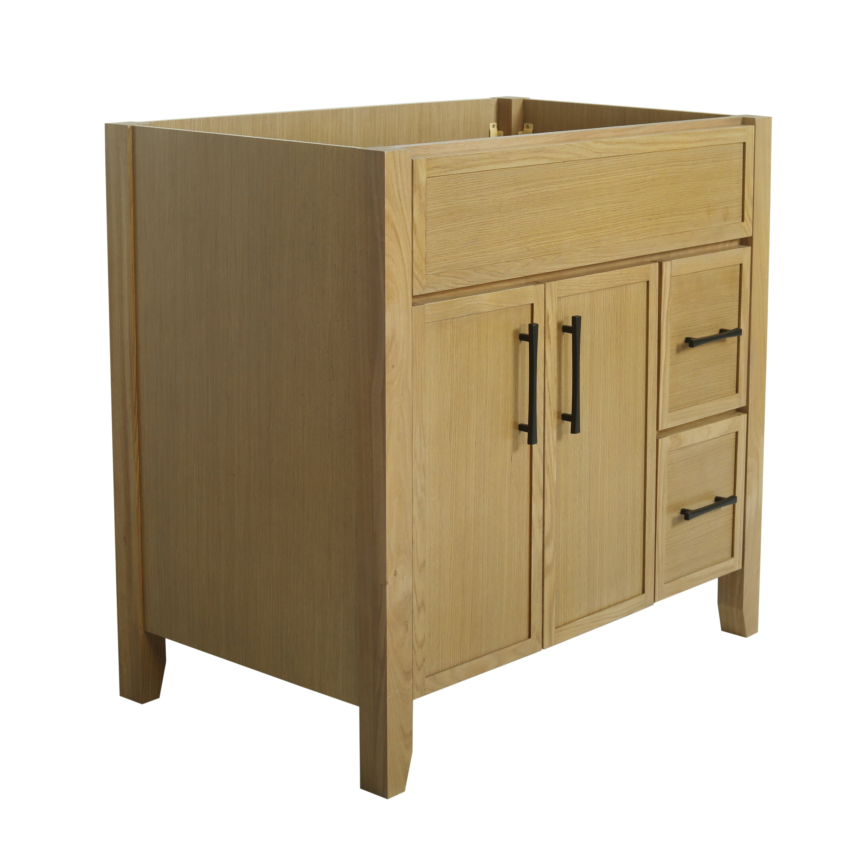 Design House Dawson 36-Inch Bathroom Vanity Cabinet, Fully Assembled, 2-Door 2-Drawer Freestanding, Comfort Height 34 in., Riffed Oak, Matte Black Hardware, 228437-ROAK-FA