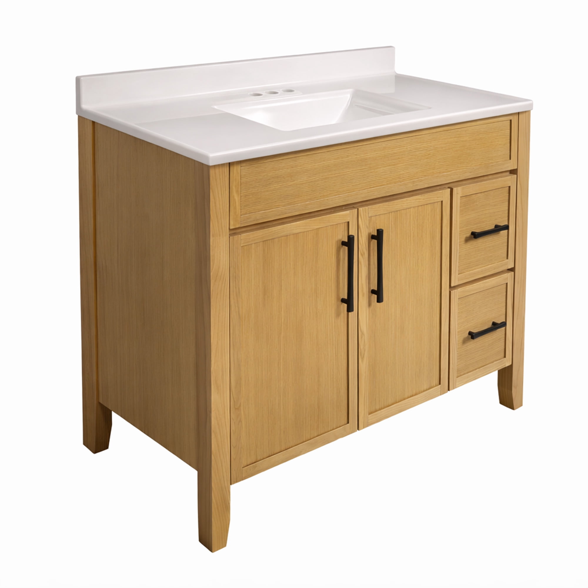 Design House Dawson 37-Inch Bathroom Vanity Combo, Ready to Assemble 2-Door 2-Drawer Cabinet with Camilla Cultured Marble Top, Riffed Oak, Matte Black Hardware, 228478-ROAK