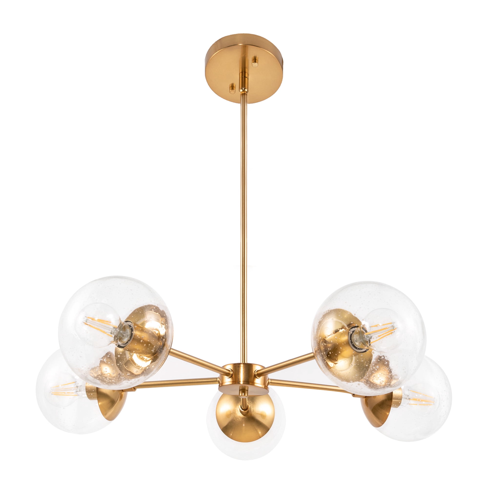 Satin Gold 5-Light Chandelier, Clear Seedy Glass Globe Shades, Dimmable, Sloped Ceiling Compatible
