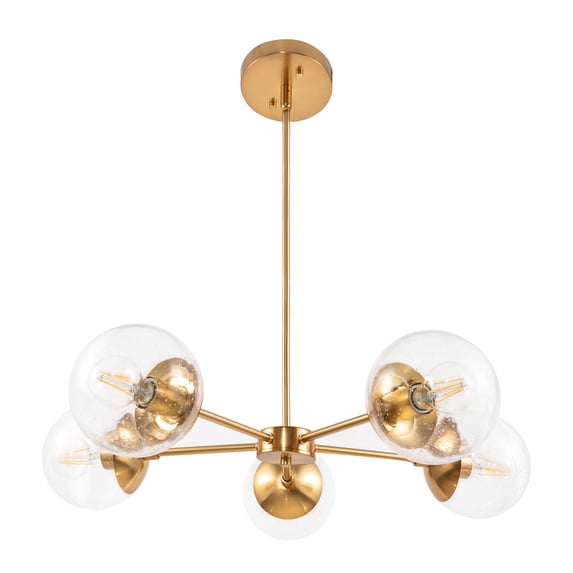 Satin Gold 5-Light Chandelier, Clear Seedy Glass Globe Shades, Dimmable, Sloped Ceiling Compatible