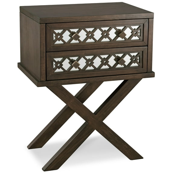 Leick Home 10082-WA Two Drawer Mirrored Diamond Filigree X Base Nightstand Side Table, Walnut
