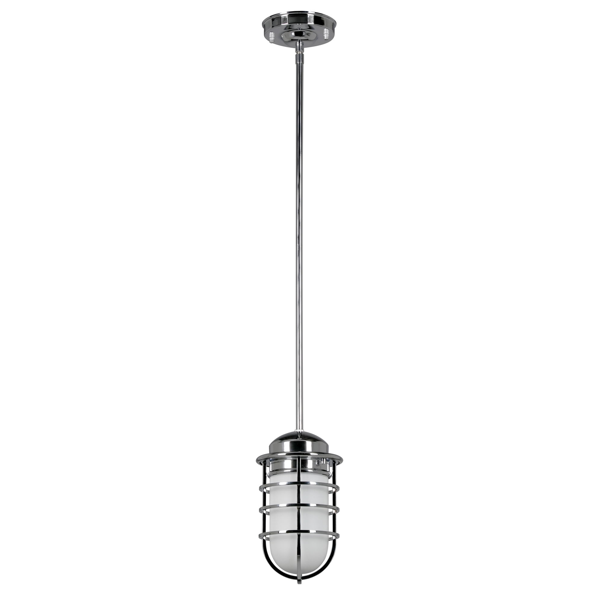Polished Chrome Seaton 1-Light Dimmable Pendant with Removable Wire Cage and Frosted Glass, Sloped Ceiling Compatible