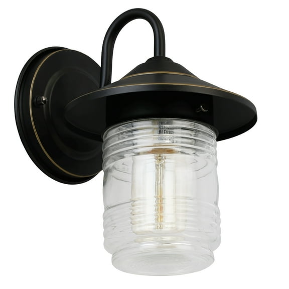 Design House Jerome Jelly Jar Oil Rubbed Bronze 1 Light Indoor/Outdoor Dimmable Wall Light with Clear Ribbed Glass