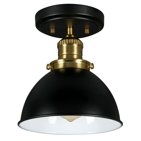 Design House Savannah Farmhouse Matte Black/Satin Gold 1 Light Indoor Semi-Flush Mount Dimmable Ceiling Light with Metal Shade