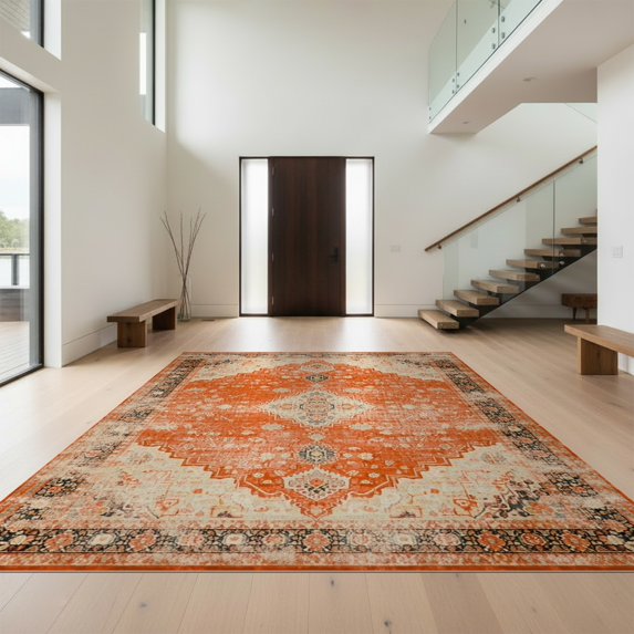 Design&I 2'x3' Ultra Soft Door Mat, Boho Layout Distressed Vintage Scroll Border Geometric Southwestern None Fluffy Washable Easy Care Indoor rug for Bedside Entryway