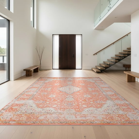 Design&I 2'x3' Ultra Soft Door Mat, Bordered Vintage Medallion With Boho Floral Distressed Scroll Frame None Fluffy Washable Easy Care Indoor rug for Bedside Entryway