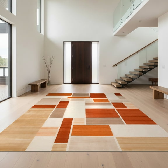 Design&I 2'x3' Ultra Soft Door Mat, Burnt Orange Terracotta Mid Century Abstract Geometric Boho Midcentury Symmetrical Fluffy Washable Easy Care Indoor rug for Bedside Entryway