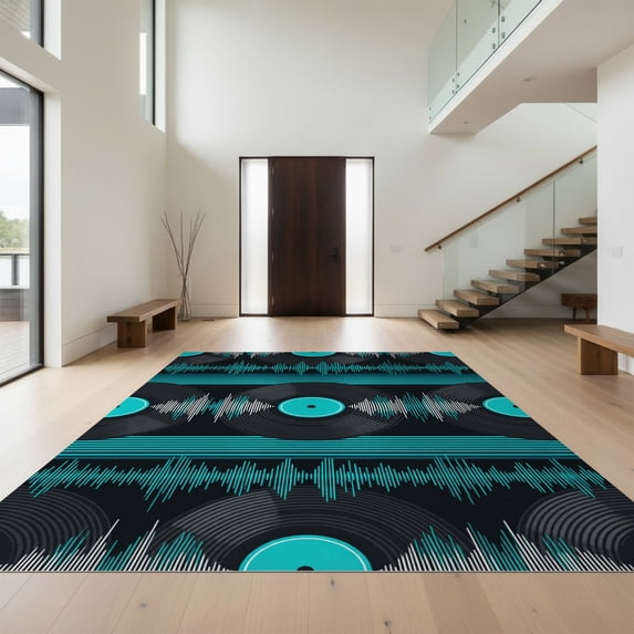 Design&I 2'x3' Ultra Soft Door Mat, Classic Record Album With Electric Teal Accents And Black Circle None Fluffy Washable Easy Care Indoor rug for Bedside Entryway