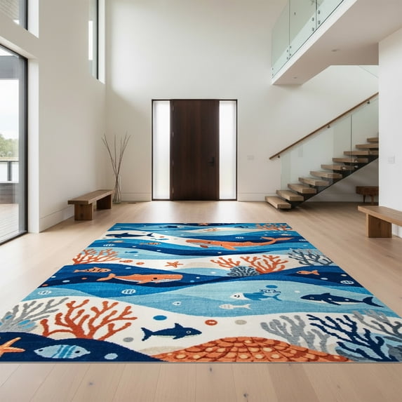 Design&I 2'x3' Ultra Soft Door Mat, Classroom Ocean Animals Whale Octopus Starfish Underwater Under None Fluffy Washable Easy Care Indoor rug for Bedside Entryway
