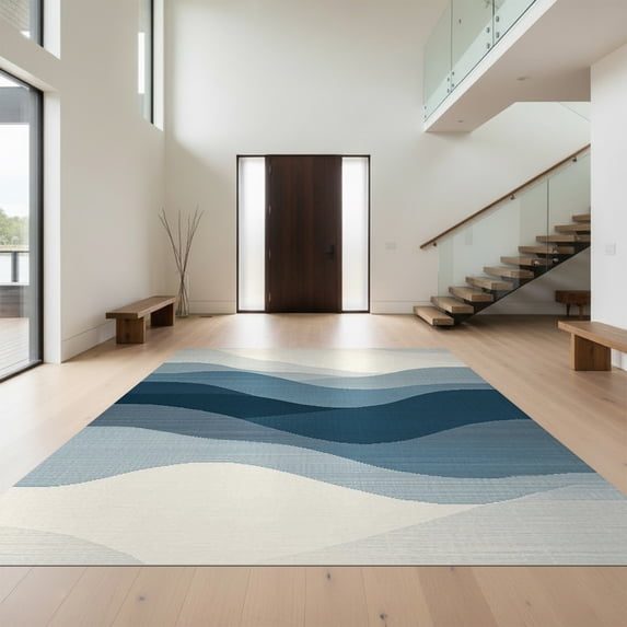 Design&I 2'x3' Ultra Soft Door Mat, Dusty Blue Charcoal Wavy Stripes Abstract Minimalist Ombre Design Fluffy Washable Easy Care Indoor rug for Bedside Entryway
