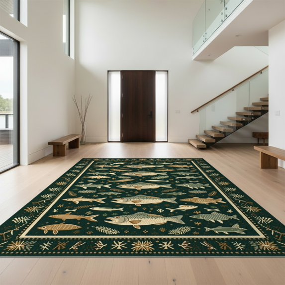 Design&I 2'x3' Ultra Soft Door Mat, Fishing Wildlife Antler Lake Motifs Bass Lure Border Trophy Hunting None Fluffy Washable Easy Care Indoor rug for Bedside Entryway