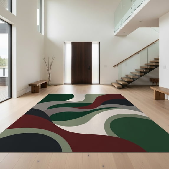 Design&I 2'x3' Ultra Soft Door Mat, Green and Burgundy Abstract Waves Dynamic Curved with Modern Flair Fluffy Washable Easy Care Indoor rug for Bedside Entryway