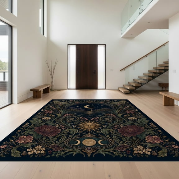 Design&I 2'x3' Ultra Soft Door Mat, Midnight Blue Celestial Garden and Moon Design Elegant Floral Motifs with Vintage Charm Fluffy Washable Easy Care Indoor rug for Bedside Entryway