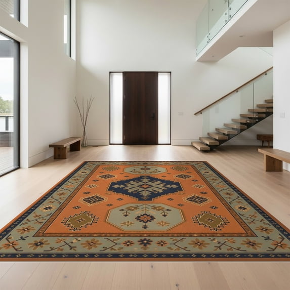 Design&I 2'x3' Ultra Soft Door Mat, Orange Navy Elegance with Symmetrical Intricate Geometric and Floral Motifs, Vintage Fluffy Washable Easy Care Indoor rug for Bedside Entryway