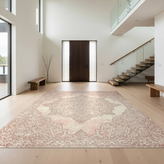 Design&I 2'x3' Ultra Soft Door Mat, Pink Blush Beige Ivory Cream Gradient Intricate Border Sage Shack None Fluffy Washable Easy Care Indoor rug for Bedside Entryway