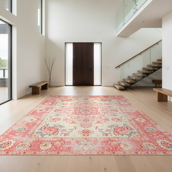 Design&I 2'x3' Ultra Soft Door Mat, Pink Boho Vintage Distressed Border Scroll Lattice Ornate Southwestern None Fluffy Washable Easy Care Indoor rug for Bedside Entryway