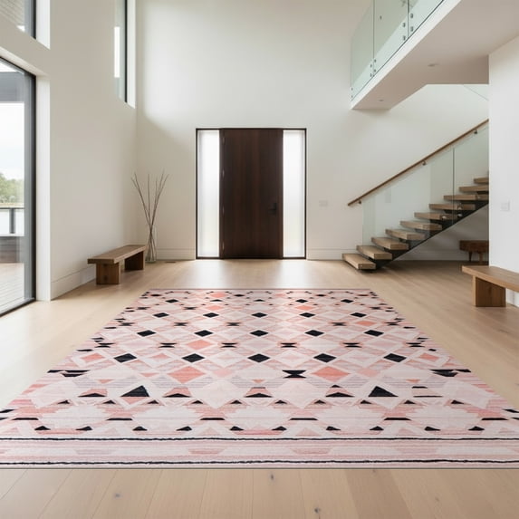 Design&I 2'x3' Ultra Soft Door Mat, Pink Geometric Interlocking Lattice Abstract Motif Mosaic Border None Fluffy Washable Easy Care Indoor rug for Bedside Entryway