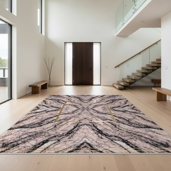 Design&I 2'x3' Washable Accent Rug Abstract Blush Veined Bordered Detail Swirls Gilded Cracked Pink Flowing Dynamic for Kitchen, Pet Station, Friendly & Non-Slip Built-In Grip