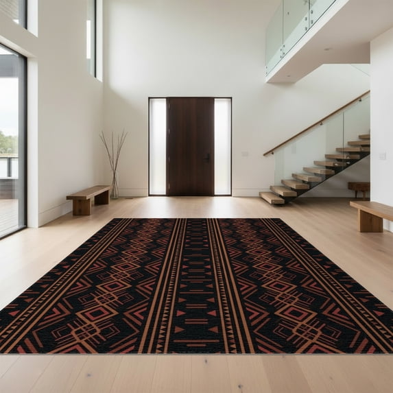 Design&I 2'x3' Washable Accent Rug Boho Aztec Stripe Century Long Skid Bathroom Maroon Geometric Mid Playful for Kitchen, Pet Station, Friendly & Non-Slip Built-In Grip
