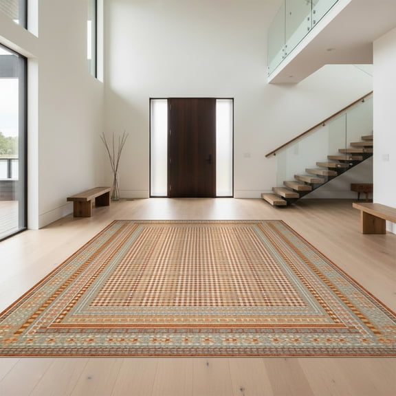 Design&I 2'x3' Washable Accent Rug Checkered Neutral Terracotta Beige Geometric Plaid Boho Tan Orange for Kitchen, Pet Station, Friendly & Non-Slip Built-In Grip