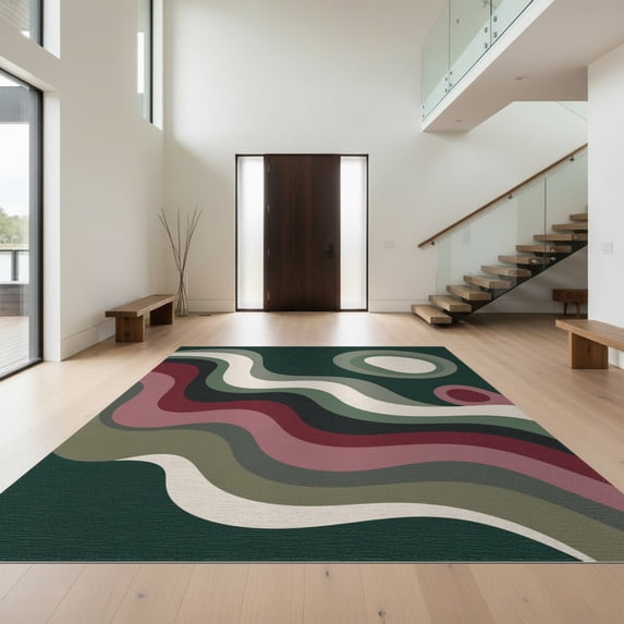 Design&I 2'x3' Washable Accent Rug Deep Green Abstract Waves and Circular Motifs Elegant Flowing Lines Geometric Accents for Kitchen, Pet Station, Friendly & Non-Slip Built-In Grip