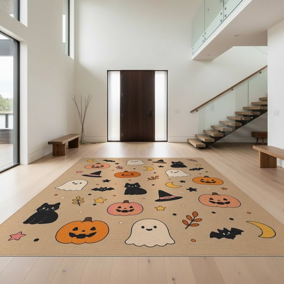 Design&I 2'x3' Washable Accent Rug Pet Friendly & Non-Slip Built-In Grip Beige Orange Halloween Themed Festive Design Featuring Ghosts, Pumpkins, Cats, for Kitchen, Station