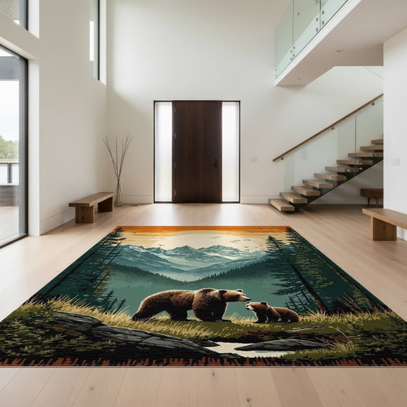 Design&I 2'x3' Washable Accent Rug Pet Friendly & Non-Slip Built-In Grip Cabin Cub Wildlife Woodland Sunset Motif Bathroom Medieval Print for Kitchen, Station