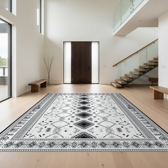 Design&I 2'x3' Washable Accent Rug Pet Friendly & Non-Slip Built-In Grip Door Curved Lattice Border Details Decorative Front Boho for Kitchen, Station