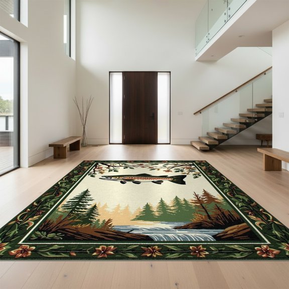 Design&I 2'x3' Washable Accent Rug Pet Friendly & Non-Slip Built-In Grip Fishing Bass Motif Border Lake Wildlife Lure Trophy Hunting Angler for Kitchen, Station