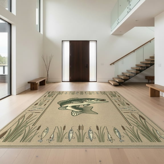 Design&I 2'x3' Washable Accent Rug Pet Friendly & Non-Slip Built-In Grip Fishing Vintage Bass Tackle Emblem With Wildlife Border Design for Kitchen, Station