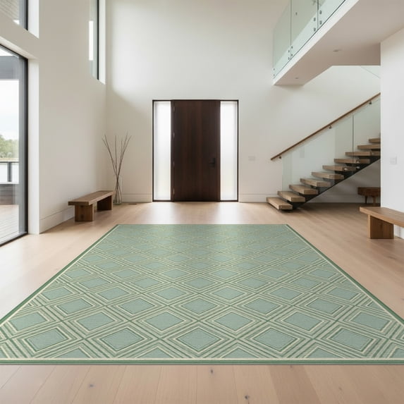 Design&I 2'x3' Washable Accent Rug Pet Friendly & Non-Slip Built-In Grip Sage Cream Crosshatch Trellis Symmetrical Lattice Framework Bathroom for Kitchen, Station
