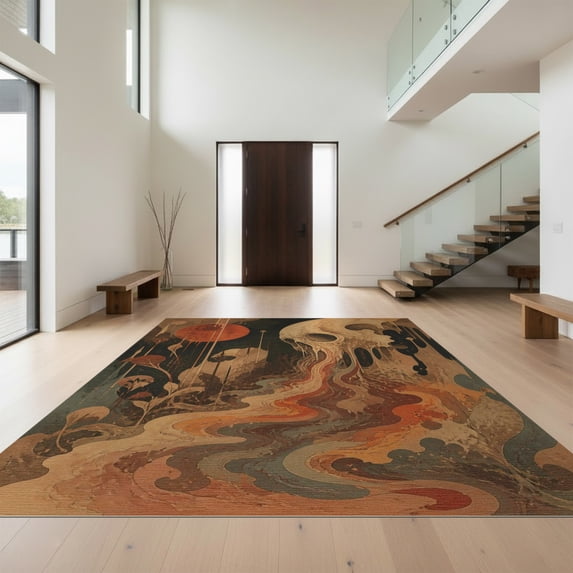 Design&I 2'x3' Washable Accent Rug Red Earthy Tones Abstract Skull Nature Artistic Blend of Surreal for Kitchen, Pet Station, Friendly & Non-Slip Built-In Grip