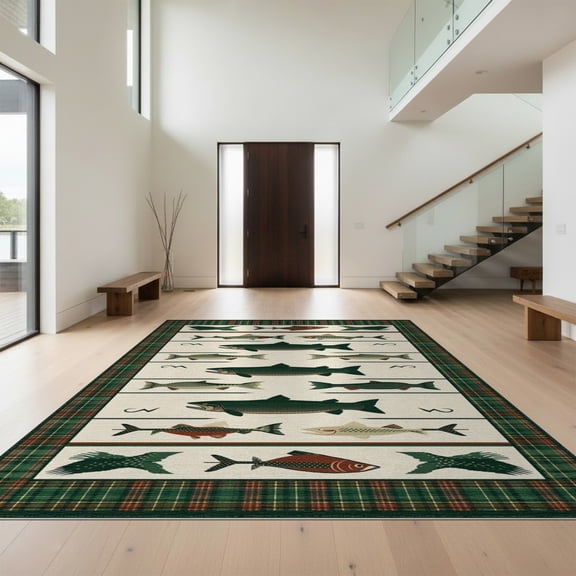 Design&I 2'x3' Washable Doormat Fish Emblems Plaid Framework Cabin Hooks Mirrored Panel Design for Entryway, Indoor, Ultra-Thin & Non-Slip Skid-Resistant
