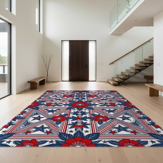 Design&I 2'x3' Washable Doormat Five Point Stars Red Flowers White Accents Symmetrical for Entryway, Indoor, Ultra-Thin & Non-Slip Skid-Resistant