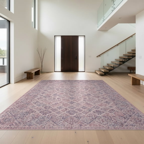 Design&I 2'x3' Washable Doormat Pink Boho Purple Distressed Vintage Lattice Round Scroll Border for Entryway, Indoor, Ultra-Thin & Non-Slip Skid-Resistant