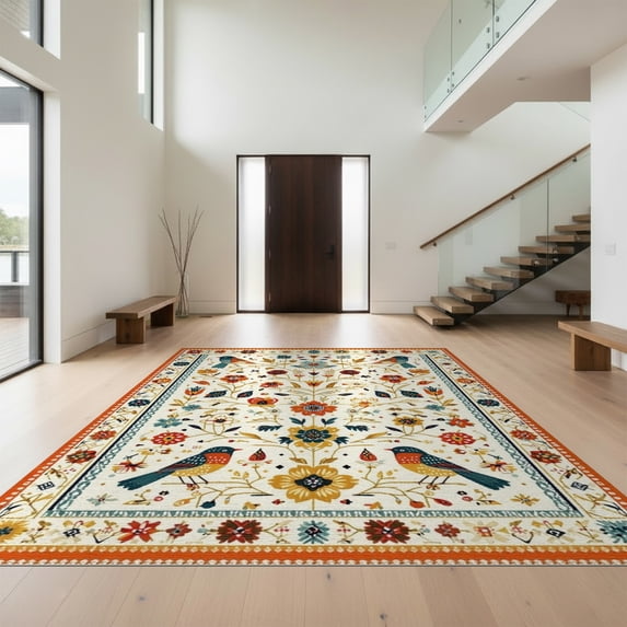 Design&I 2'x3' Washable Doormat Retro Mid Folk Bird Southwestern Motif Funky Century Orange Eclectic for Entryway, Indoor, Ultra-Thin & Non-Slip Skid-Resistant