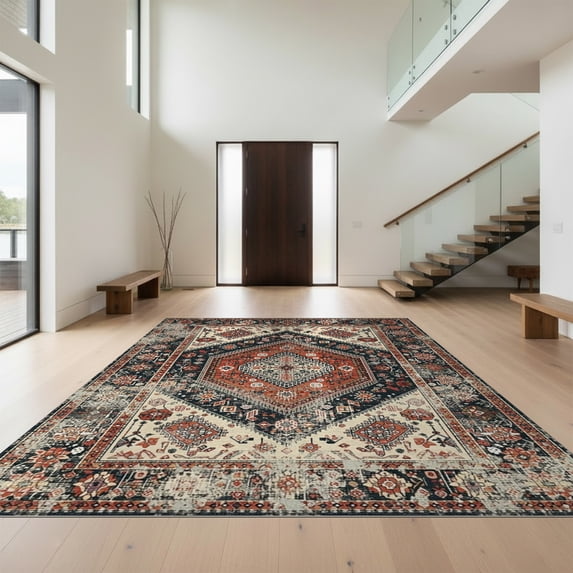 Design&I 2'x3' Washable Doormat Vintage Boho Motif Faded Ornamental Distressed Scroll Border for Entryway, Indoor, Ultra-Thin & Non-Slip Skid-Resistant