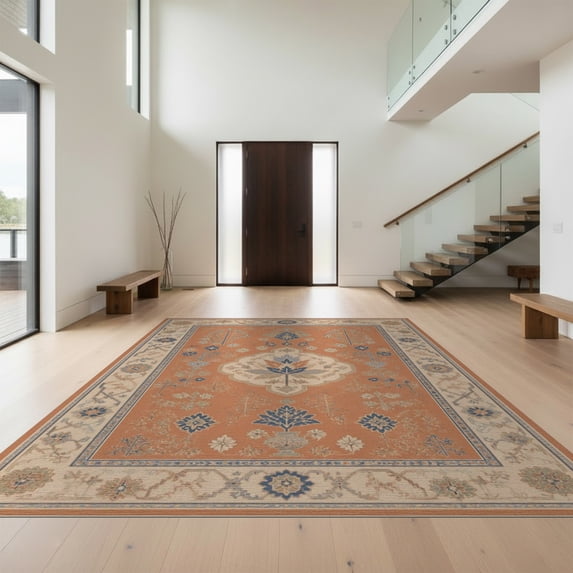 Design&I 2'x3' Washable Throw Rug Blue Terracotta Floral Medallion Design Elegant Botanical Motif with Ornate Borders for Hallway, Laundry Room, Low Profile Daily Traffic Ready Accent