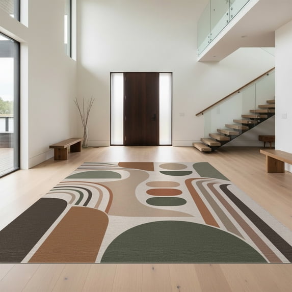 Design&I 2'x3' Washable Throw Rug Earth Tones Abstract Geometric Mid-Century Modern Curved Design for Hallway, Laundry Room, Low Profile Daily Traffic Ready Accent