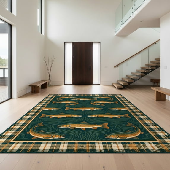 Design&I 2'x3' Washable Throw Rug Fish Bass Cabin Trout Wilderness Fishing Plaid Frame Clownfish for Hallway, Laundry Room, Low Profile Daily Traffic Ready Accent