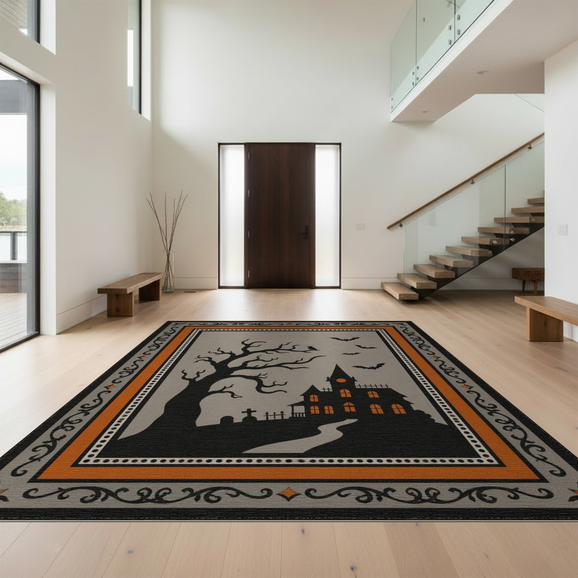 Gray Throw Rug Design&I 2'x3' Washable Throw Rug Gray Black Haunted and Bats Design ...