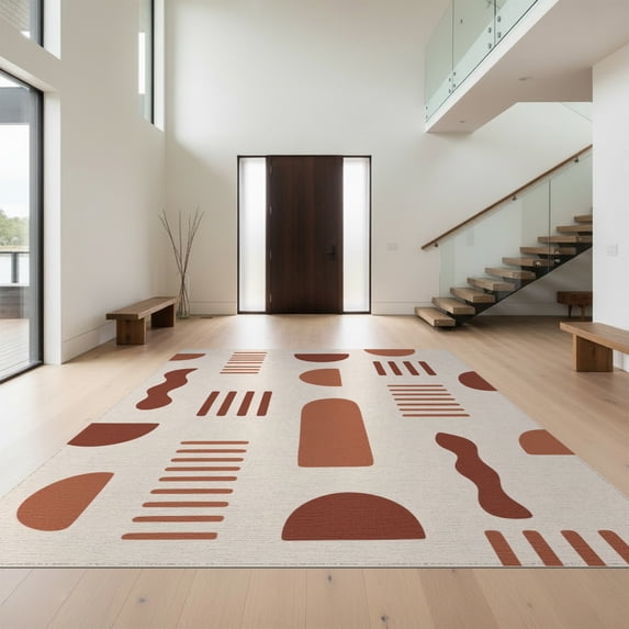 Design&I 2'x3' Washable Throw Rug Low Profile Daily Traffic Ready Accent Beige Terracotta Geometric Abstract Modern Shapes with Minimalist Design for Hallway, Laundry Room