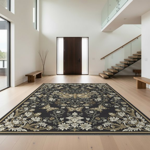 Design&I 2'x3' Washable Throw Rug Low Profile Daily Traffic Ready Accent Moth Gothic Butterfly Botanical Scrolls Scroll Vintage Flowing Dynamic for Hallway, Laundry Room