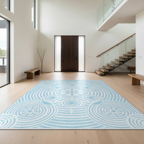 Design&I 2'x3' Washable Throw Rug Low Profile Daily Traffic Ready Accent Ocean Themed Ripple Circles Minimalist Theme Nautical Aesthetic for Hallway, Laundry Room