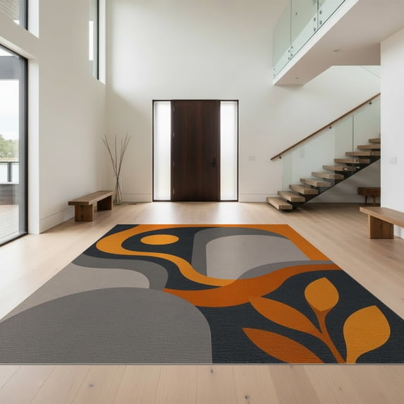 Design&I 2'x3' Washable Throw Rug Low Profile Daily Traffic Ready Accent Orange Gray Abstract Swirls and Leaf Motif Elegant Geometric Curves for Hallway, Laundry Room